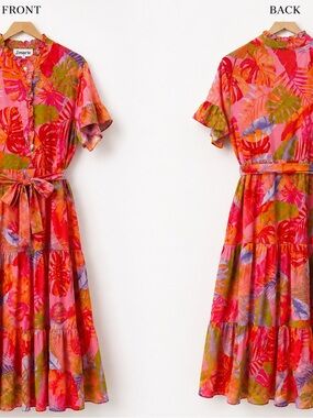J.Marie Pink Tropical Print Tie-Waist Midi Dress